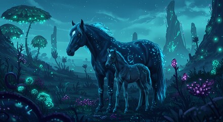 Adorable Baby Horse with Mother in Pasture – Heartwarming Bond Between Mare and Foal in Natural Setting