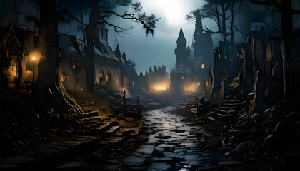 Fototapeta premium Haunted Forest Village Scene