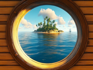 Fototapeta premium Tropical Island View Through Porthole; Sunny Seascape; Sailing Vessel; Nautical; Beautiful Scene; Travel;