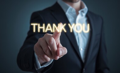 Businessman expressing gratitude with glowing text Thank You