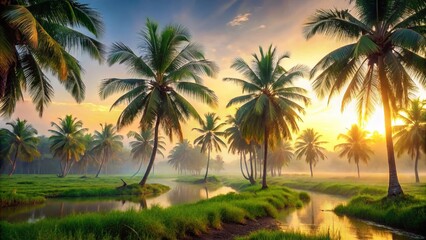 Serene Palm Tree Landscape: Tranquil Mist, Soft Light, Relaxation