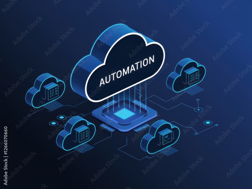 Poster cloud automation concept with interconnected cloud services and data flow