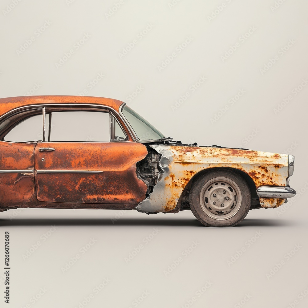 Poster Comparison of a rusted and dented car alongside a flawlessly repaired vehicle demonstrating restoration skills and techniques. Generative AI