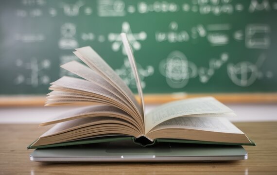 Open book resting on a laptop in front of a chalkboard with equations