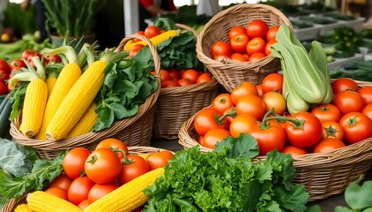 Baskets overflow with fresh corn tomatoes lettuce and other produce