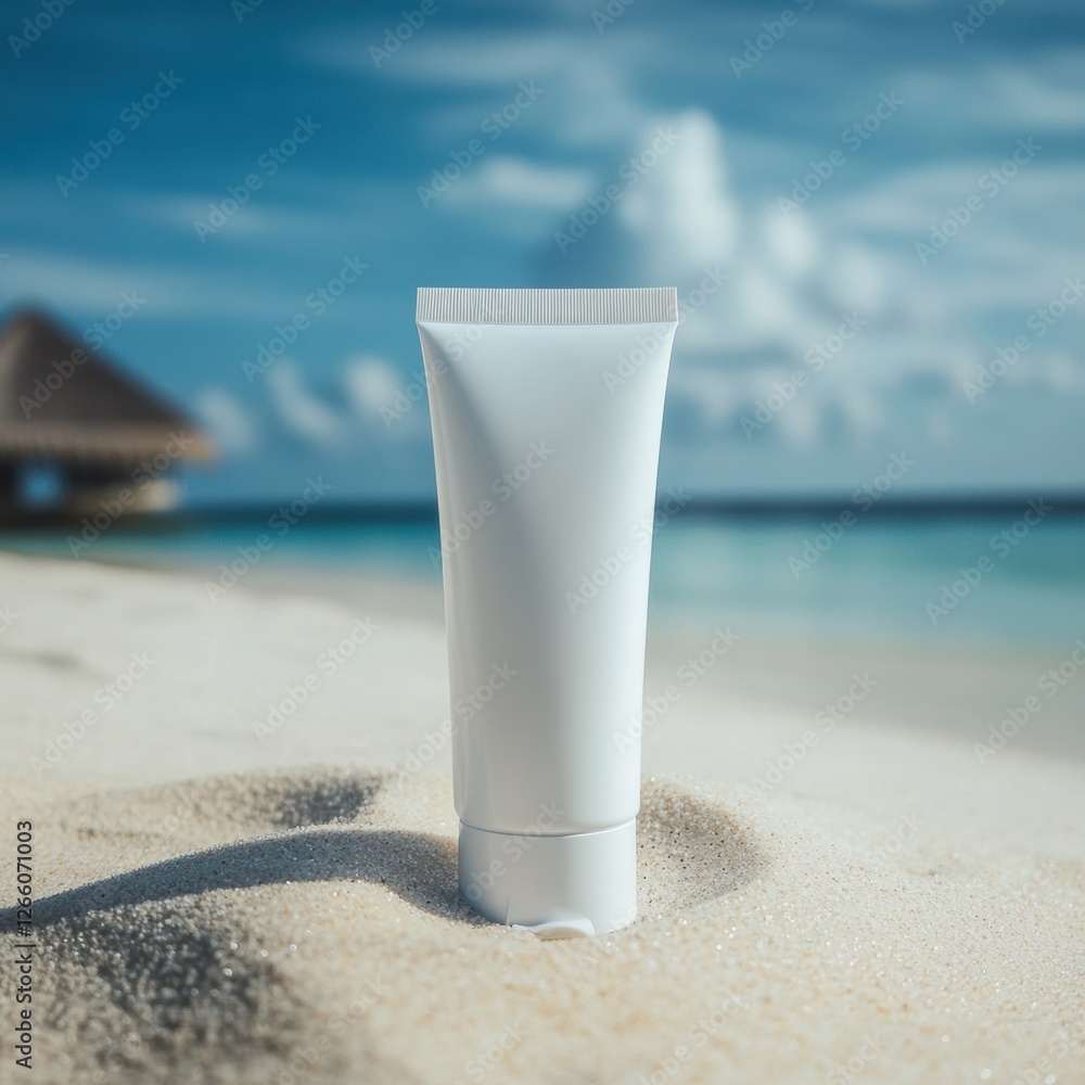 Aufkleber Cosmetics cream tube resting on sand with beach and clear sky background creating a serene beach mockup. Generative AI