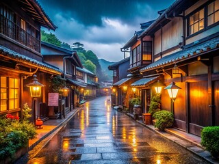 Obraz premium Serene Rainy Day: Tranquil Japanese Village Street Scene