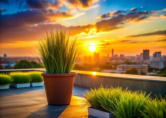 Fototapeta premium Serene Rooftop Sunset: Minimalist Cityscape Panoramic View with Potted Grass