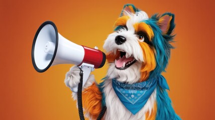 Fototapeta premium Colorful dog with a megaphone promoting a fun message