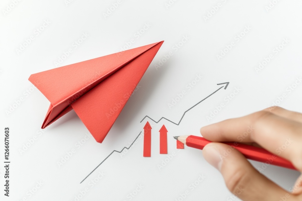 Poster red paper plane symbolizing innovation and business strategy with a rising graph on white background