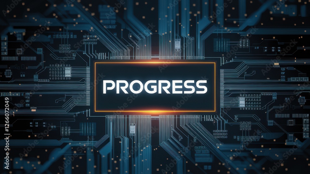 Poster progress displayed on a digital circuit board background