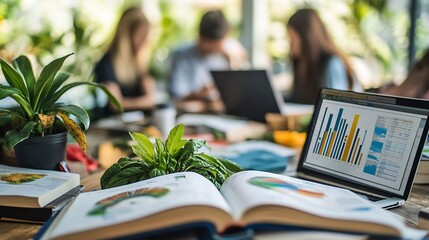 College study session showing open books graphs a laptop focused on organic farming research
