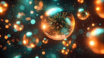 Bubbles float in colorful space, abstract, for science visualizations and presentations