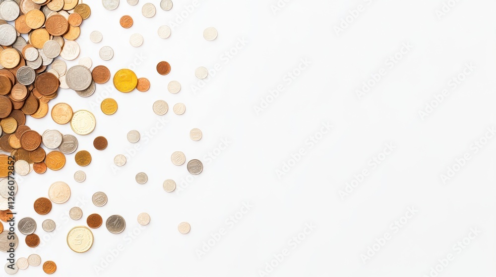 Poster Collection of assorted coins spread across a white surface showcasing different denominations and colors in a casual layout. Generative AI