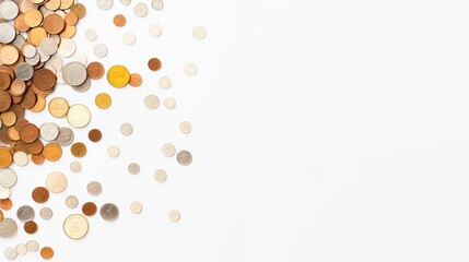 Collection of assorted coins spread across a white surface showcasing different denominations and colors in a casual layout. Generative AI