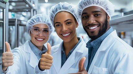 Smiling Scientists in Lab Coats Giving Thumbs Up