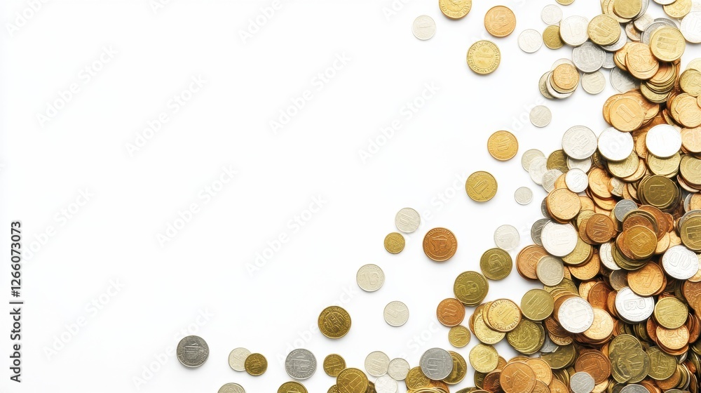 Poster coins scattered on a white background showcasing various denominations and materials in an organized