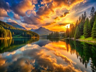 Serene Sunset over Mountain Lake and Forest - Peaceful Nature Landscape Photography