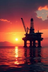 Obraz premium Oil platform silhouette at sunset, Guanabara Bay, pollution, coastal, oil rig