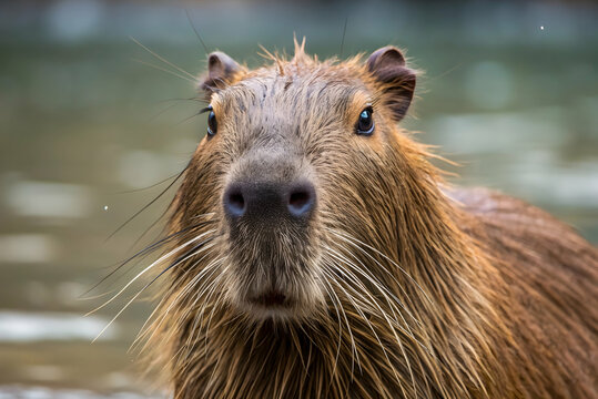 Close-up portrait of a Chig&uuml;ire with wet brown fur looking directly at the camera in a detailed wildlife macro shot with blurred background