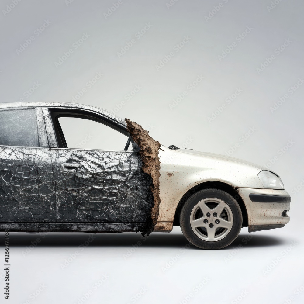 Poster comparison of a scratched, dirty car beside a shiny, polished vehicle highlighting the difference in