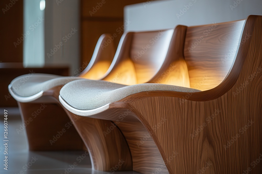 Poster modern wooden church pew with sleek design and subtle padding inviting peaceful reflection. generati