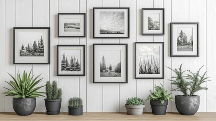 Framed black and white nature photos on a white wooden wall with plants