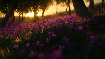 Naklejka premium Sunset wildflowers meadow, dappled sunlight through trees