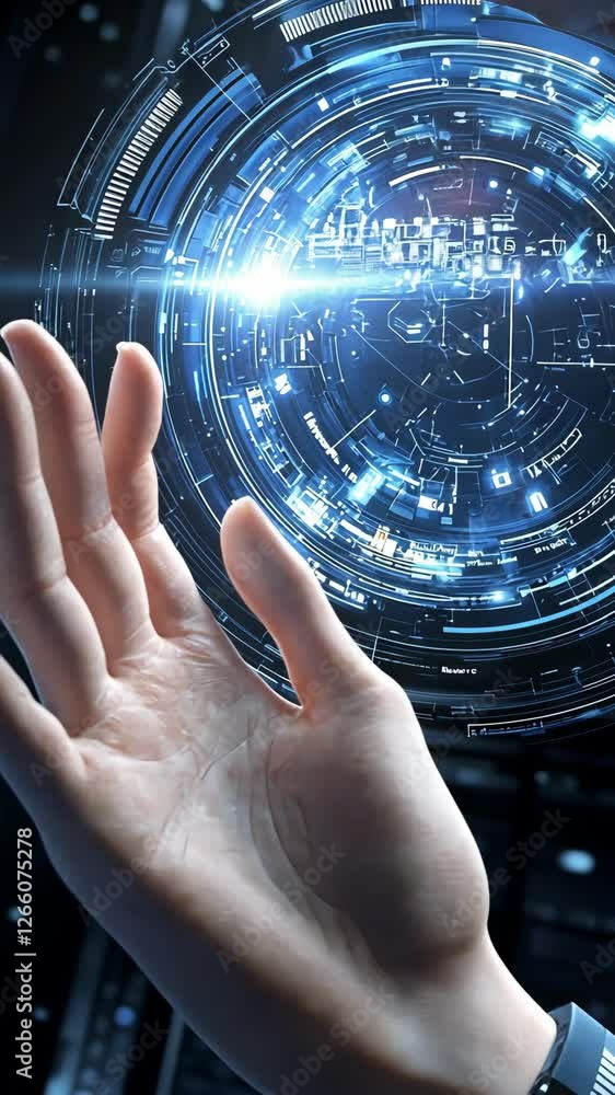 Poster hand reaching towards a holographic display with glowing digital elements in a futuristic setting