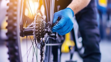 Mechanic adjusting bicycle gear in workshop with tool and bright lighting in background