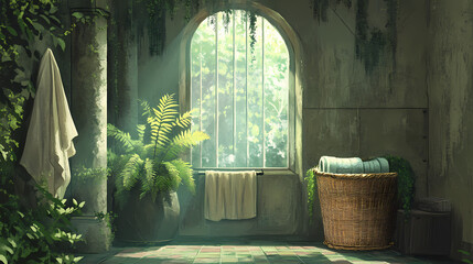 Obraz premium An interior room features a wicker laundry hamper, a potted fern plant, and an open window, creating a fresh and inviting space. Aether-Filled Caverns. Illustration