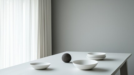 Minimalist tableware display on a white table in a modern dining room