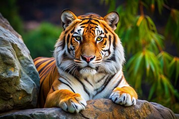 Obraz premium Siberian Tiger Hunting: Majestic Predator Hidden Behind Rock