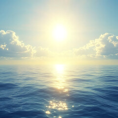 Obraz premium Sunlight glimmers over tranquil, blue ocean waters meeting a bright sky with scattered, soft clouds.