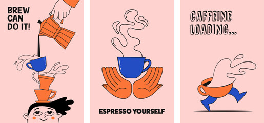 Coffee concept design. Collection of cards, posters, banners, story and post templates. Cafe and coffeeshop design. Concept illustrations of characters with coffee mugs. Modern minimalist flat art