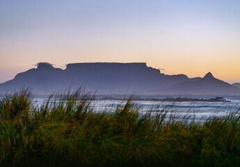 Silhouette of Table Mountain Behind Grass at Big Bay, Bloubergstrand, Cape Town, South Africa
