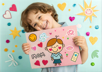 Smiling child holding handmade Mother’s Day card