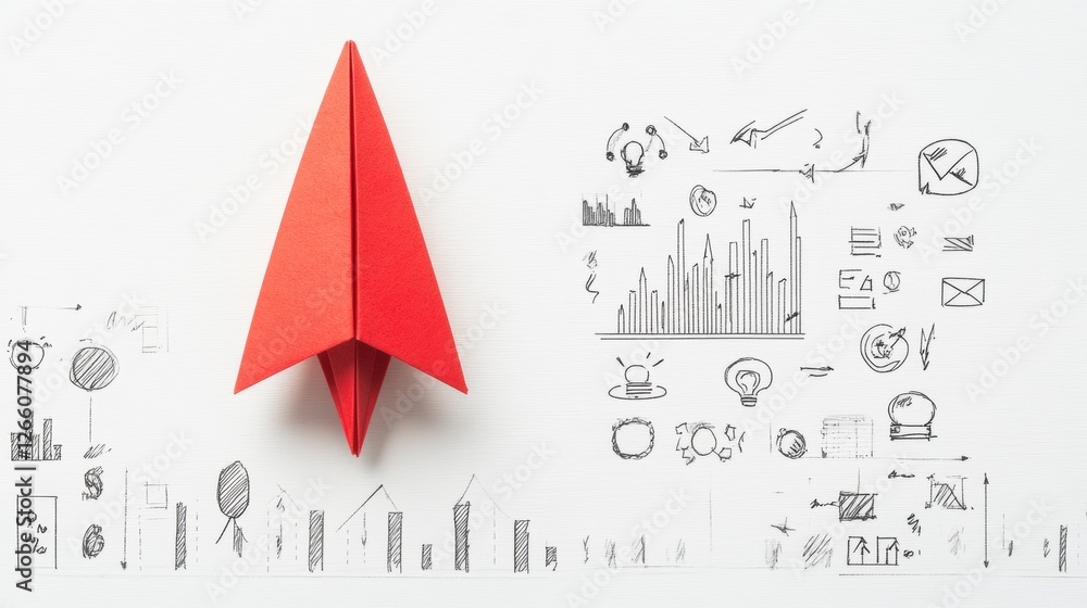 Leinwandbilder Red paper plane symbolizes business strategy with innovative concepts on a white canvas highlighting success and solutions. Generative AI
