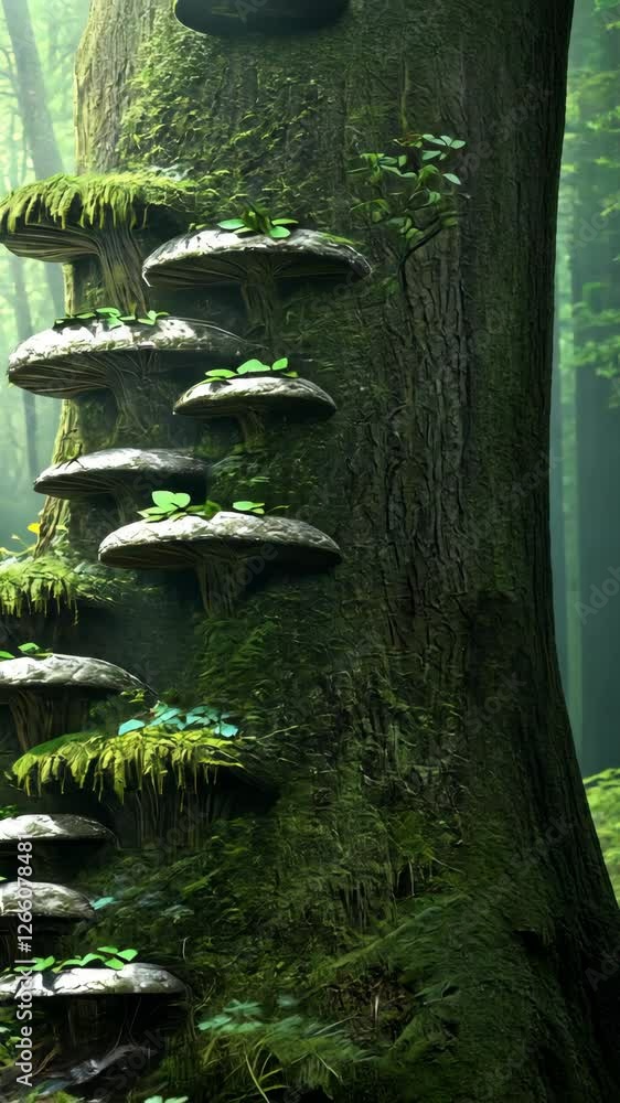 Poster mushrooms growing on an ancient tree trunk in a serene forest setting