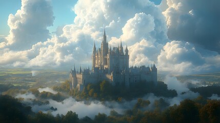 Majestic Gray Stone Castle Towers Reaching Towards a Vibrant Blue Sky Surrounded by Lush Greenery