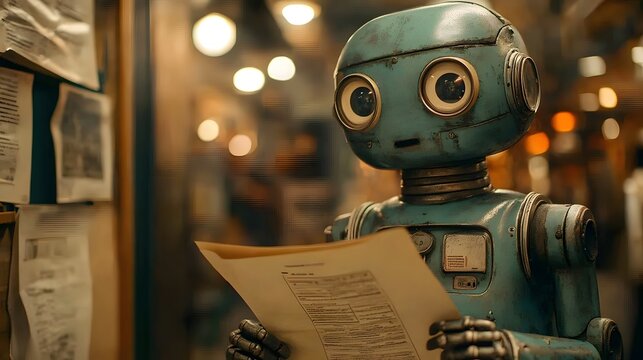 Charming Retro-Inspired Robot Delving into Important Documents Within a Cozy Soft Bokeh Background That Evokes a Sense of Nostalgia