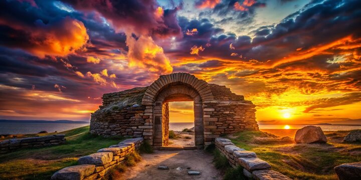 Silhouette of Ancient Thracian Heroon Entrance at Pomorie, Bulgaria Sunset
