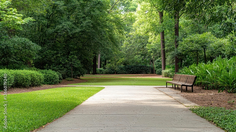 Poster empty park path with bench and lush green trees