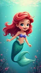 Whimsical Cartoon Mermaid with Vibrant Red Hair Underwater