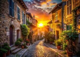 Fototapeta premium Silhouette of Buildings at Sunset, French Riviera Street Scene