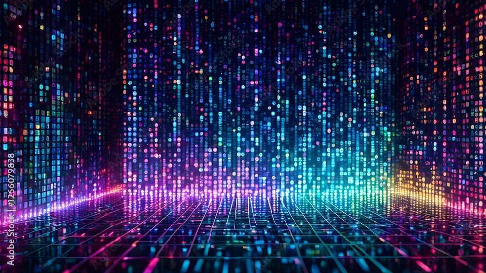 Wall mural abstract digital data visualization with vibrant glowing icons and grid, ideal for technology, ai, a