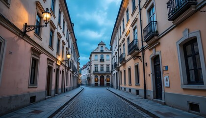 Fototapeta premium A peaceful European street with elegant historic buildings, cobblestone pavement, and warm glowing lanterns at dusk. A perfect scene of old-town charm and classic architecture.