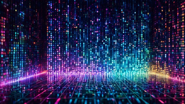 Abstract digital data visualization with vibrant glowing icons and grid, ideal for technology, AI, and big data concepts.