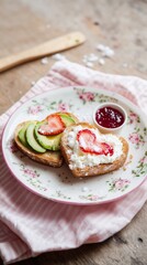 rustic and inviting composition featuring both sweet and savory heart-shaped breakfast toasts, styled on a floral print plate for a nostalgic charm