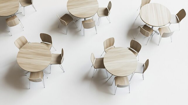 Discussion area top down setup round tables and four chairs per table on a plain white floor